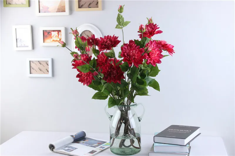 5xBouquets de fleurs en soie émulationnelles, 3 têtes de fleurs de Dahlia pour décoration de fête à domicile, décoration de mariage, Flores artificielles