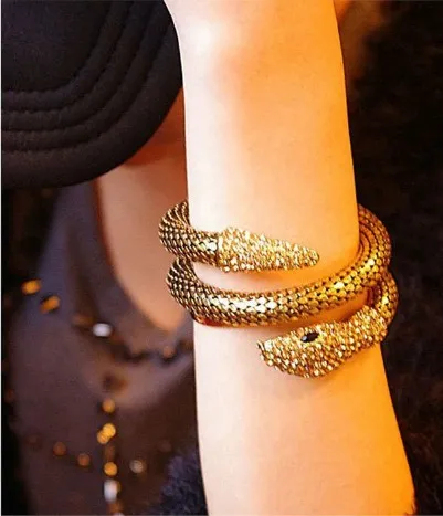 Bracciale elastico a forma di serpente, bracciale rigido da donna vintage retrò punk con catena a mano avvolgente serpente (oro e argento)