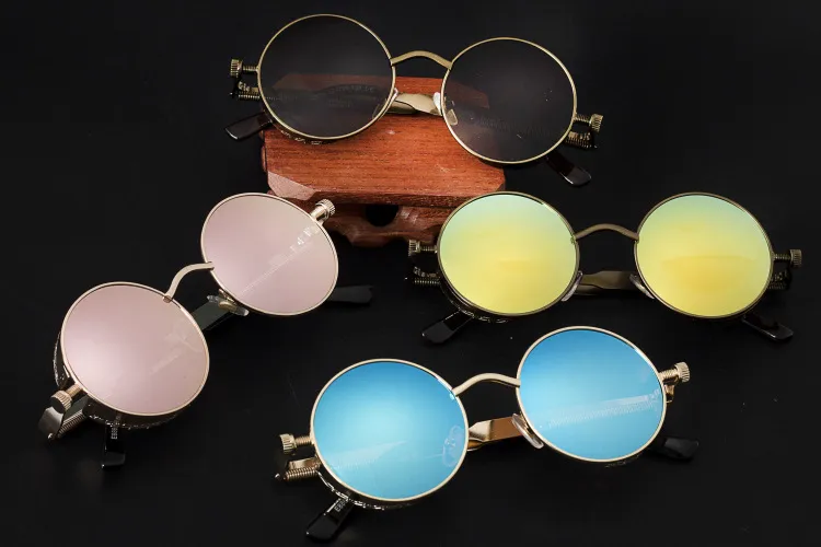 Vintage Kadınlar Steampunk Güneş Gözlüğü Marka Tasarım altın ve siyah güneş gözlükleri vintage yuvarlak daire erkekler UV gafas de sol