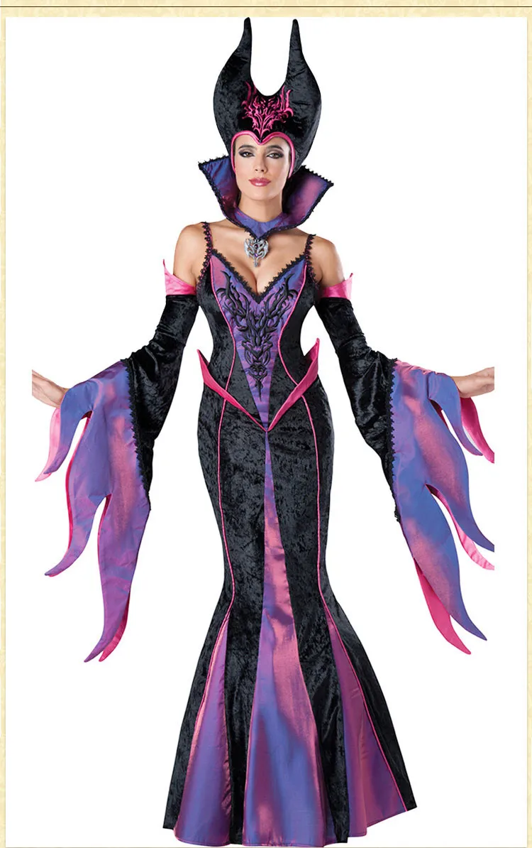 Deluxe Cosplay Purple Dress Dark Witch Outfits Disfraz de Halloween para mujer adulta con cuello alto y sombreros