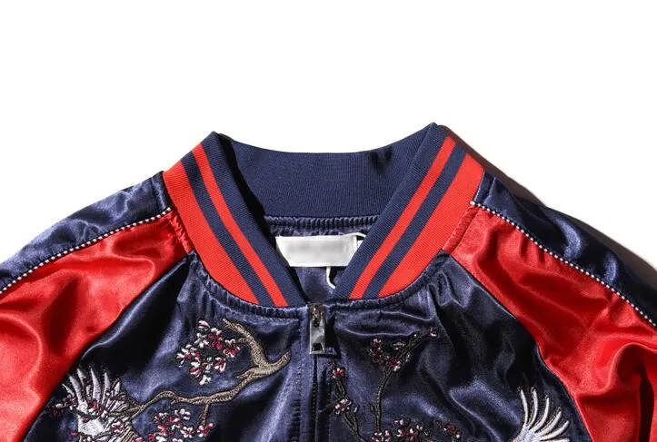 Män grundläggande rockar Fashion Bomber Jacket Män/kvinnor reversibla båda sidor Satin broderi varumärke kläder plus storlek ytterkläder gratis frakt