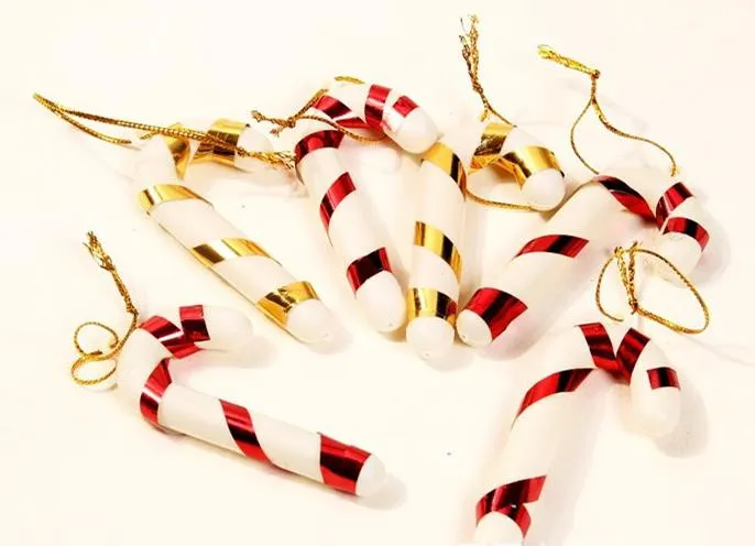 Xmas Candy Cane Ornament Kerstboom Hanger Drop Ornamenten Decoraties Mini Streep Cane Stick Craft Blanco Decor Gold Silver Red
