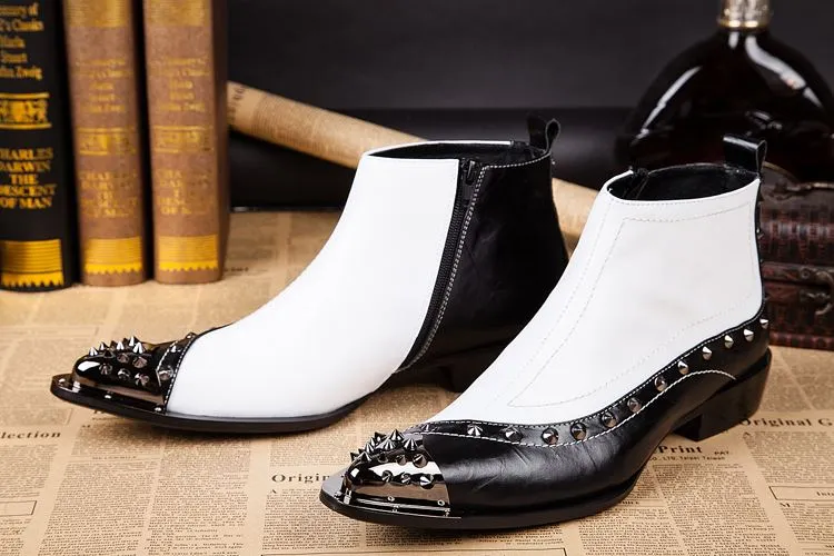 NEW 2018 Western Rock Black white Ankle man boots إيطاليا TYPE زيادة الارتفاع وأشار عالية أعلى الأحذية الجلدية الرجل EU38-46!