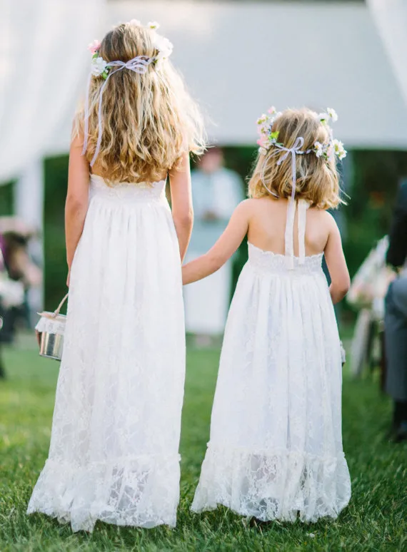 Ivory Halter Boho Flower Girl Dress Long Gilr Pageant Dress