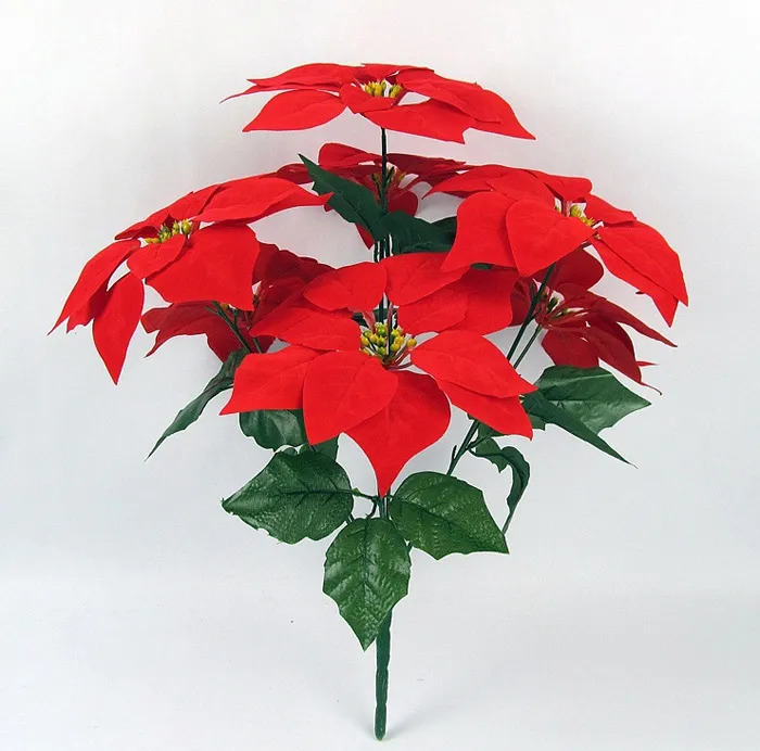 Günstige gefälschte Artificial Red Poinsettia Blumen Seidensamt Poinsettia-Blumen-Blumenstrauß für Zuhause-Party-Weihnachtsdekoration