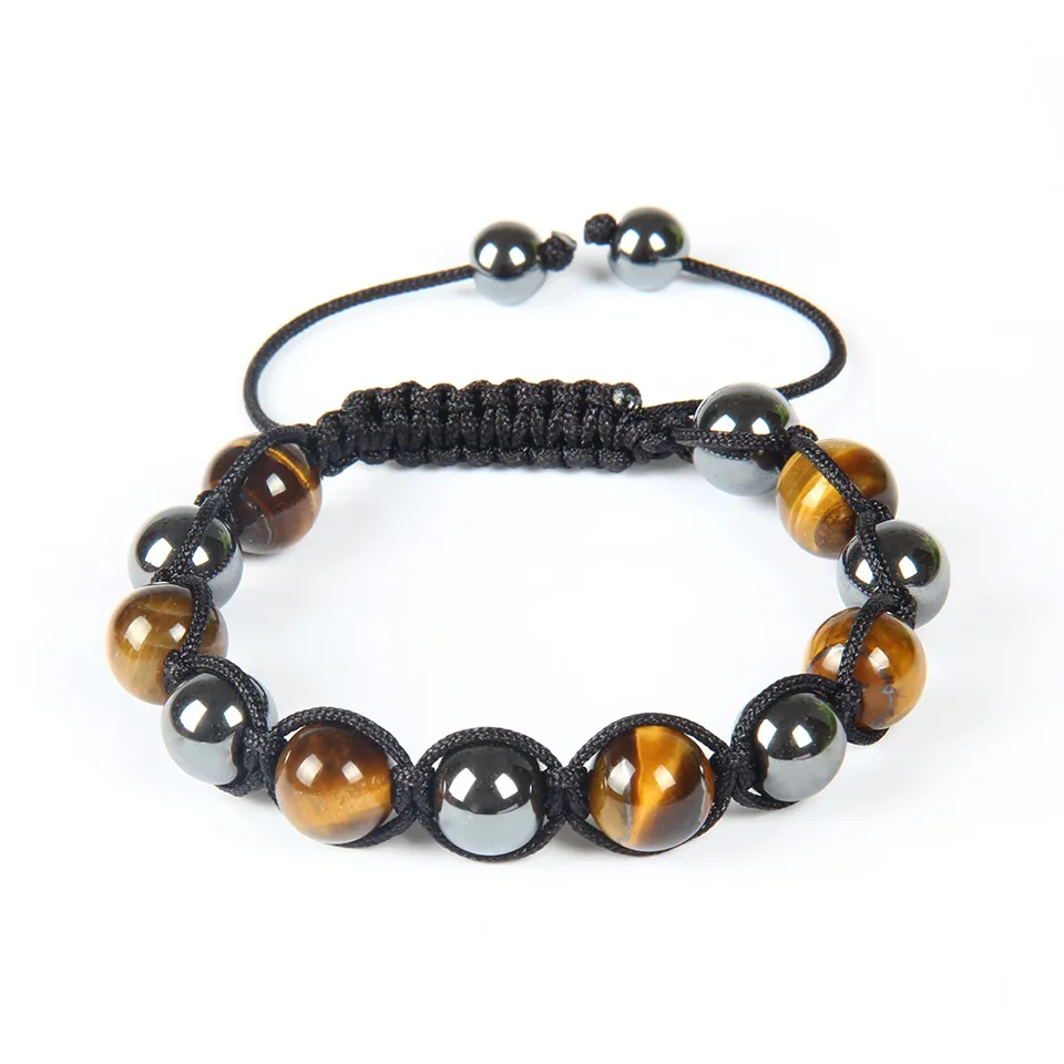 New Wholesale 10pcs/lot Fashion Mens Woven Bracelet High Quality 10mm Hematite and Tiger Eye Stone Bead Jewelry