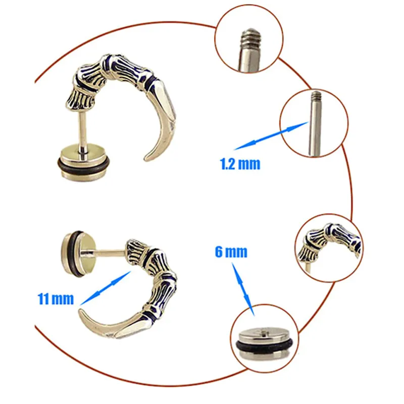 고품질의 티타늄 스틸 귀걸이 펑크 고딕 독수리 발톱 스터드 귀걸이 빈티지 호른 콘 귀 스터드 바디 피어싱 쥬얼리 도매