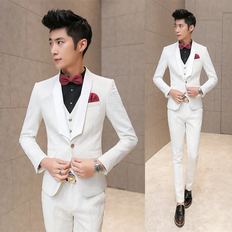 Toptan-Yeni Moda Sıcak Marka 2016 erkek Rahat Yüksek Kalite Gül Kabartma Düğün Takım Elbise Erkek Ince Kore Tarzı Blazer Yelek ve Pantolon