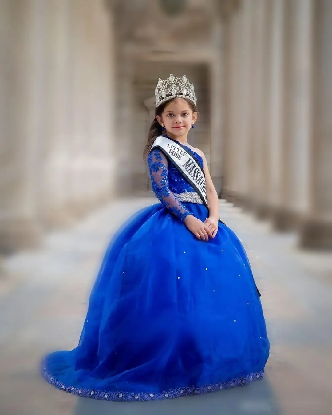 Royal Blue Girls Pageant Dresses Waist Beaded One Shoulder Lace Appliques Flower Girls Dresses Long Sleeves Kids Prom Dress Birthday Gown