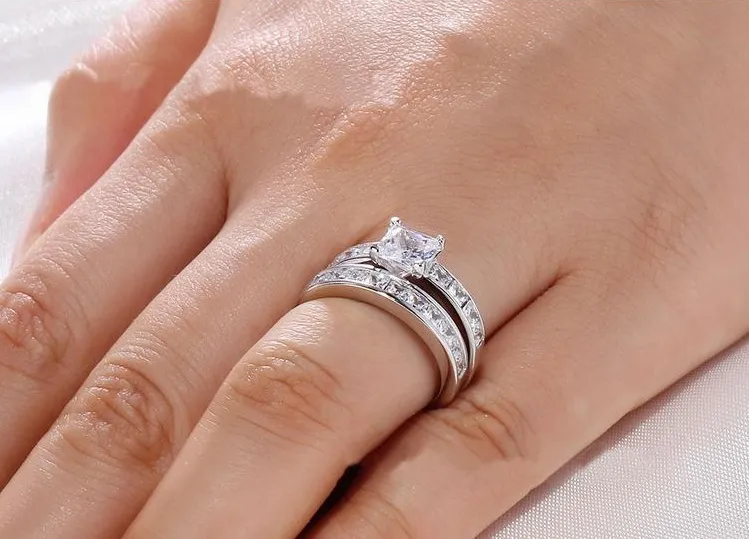 Ny varumärke av högsta kvalitet verklig 925 Sterling Silver Diamond Wedding Par Rings uppsättning för kvinnor Silver Bröllopsengagemang Fina 5035245