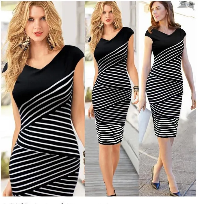 Women Elegant Slim Sexy Bodycon Dress Cocktail Party Bohemian Casual Dresses Retro Geometric white and black strip Lady's Dress S-XL