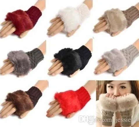 Knitted Faux Rabbit Fur gloves Mittens Women Girl Winter Arm Length Warmer outdoor Fingerless Gloves Solid party favor christmas gift