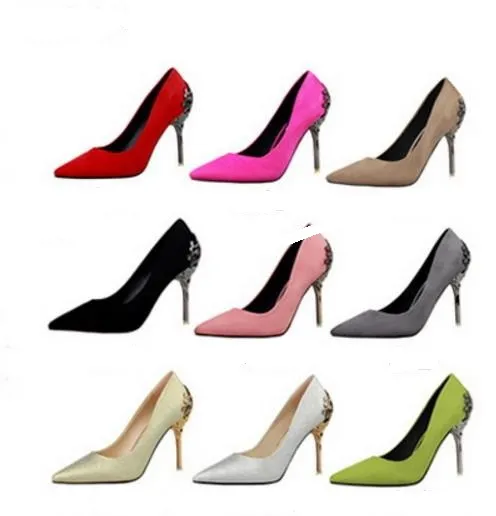 Womens high-heeled Suede Shoes pumps carved metal heel pointed Wedding Shoes drop lady christmas gift 329c