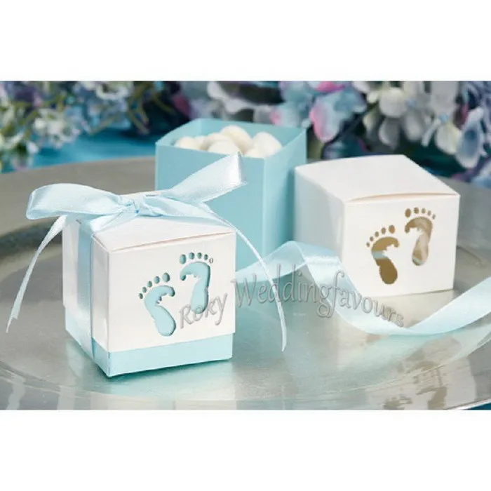 Free Shipping 12PCS Pterry Feet Cut-Out Candy Boxes with Satin Ribbon for Baby Shower 1ST Birthday Party Favor Boxes