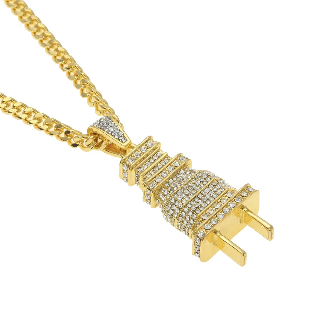 Iced Out Bling Men Micro Pave Full Rhinestone Plug Pendant Necklace Gold Silver Plated Charm Cuban Chain Hip Hop Jewelry261G7370688
