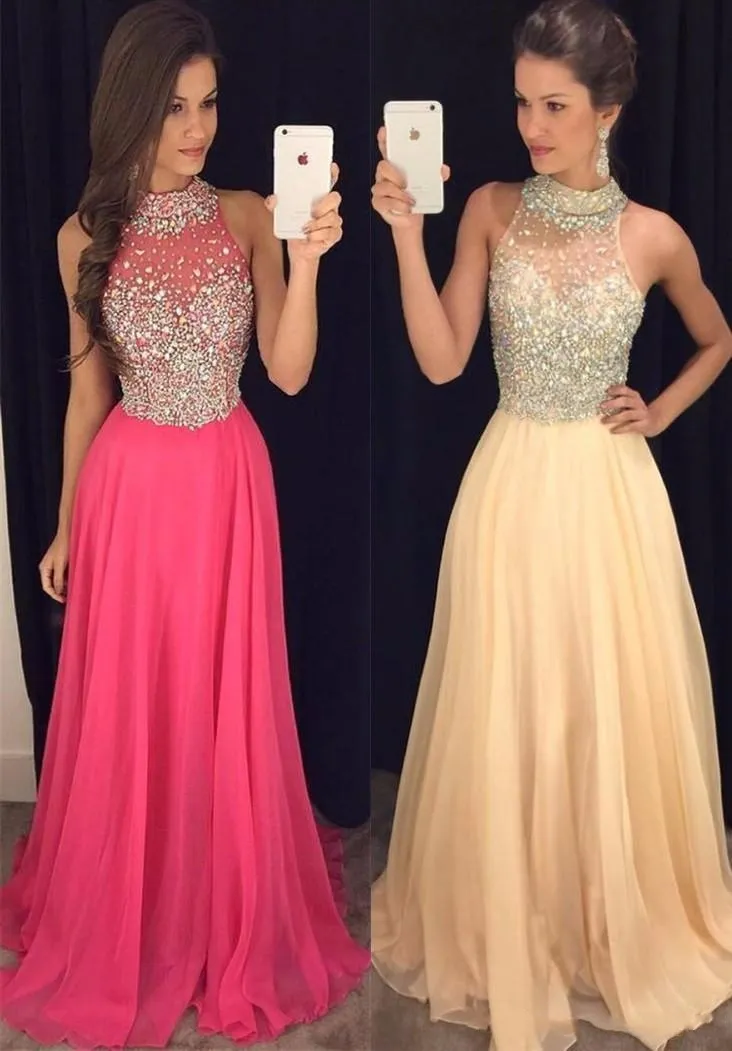 Vestidos de baile longos 2019 Alta Neck Preto Menina Vestido de Baile Chiffon com Cristal Sexy Voltar A Linha de Vestidos de Festa Vestidos de Noite