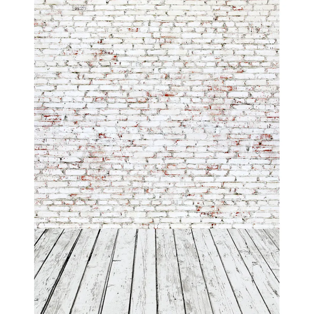 5x7ft Muro di mattoni bianchi Fondale fotografico Vinile Tavole di legno Texture Pavimento Bambini Bambini Sfondi fotografici Carta da parati per neonati