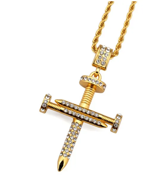Nail Cross Necklace Pendants Gold Color Bling Jewelry for Men Women Hip Hop Charm Rope Chains