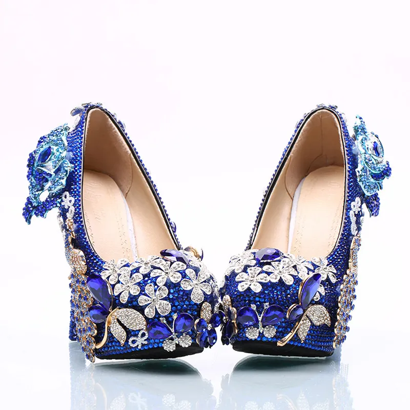 Underbara rhinestone bröllopskor blå kristall brudklänning skor blomma och phoenix plattform klackar Cinderella prom pumpar