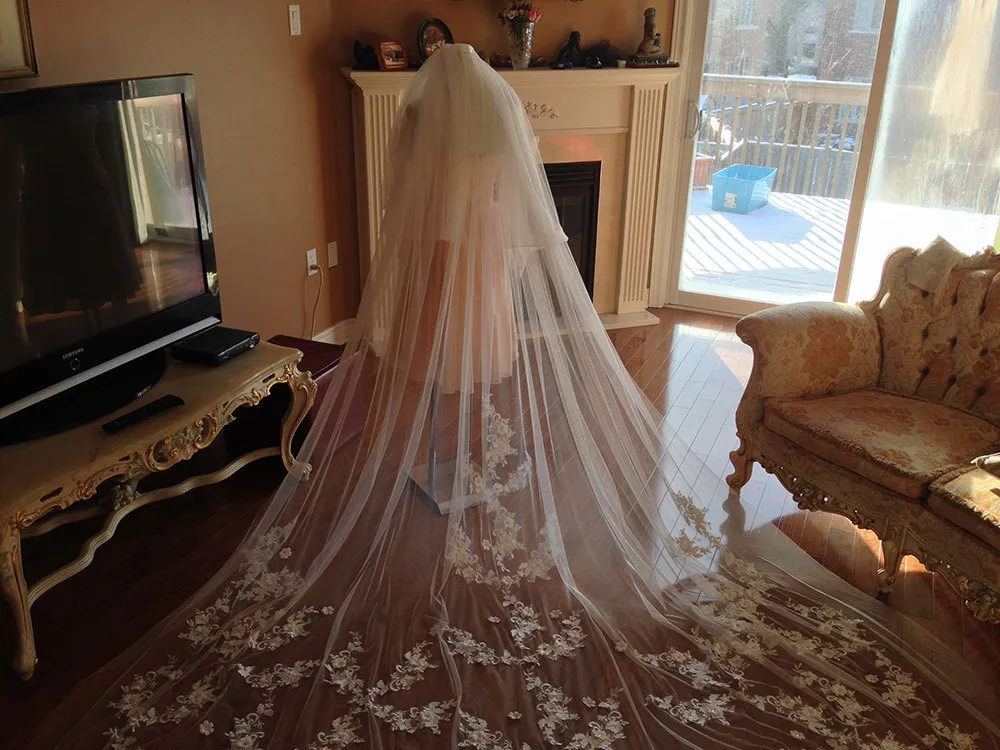 جديد وصول كاتدرائية الزفاف الحجاب ثلاثة أمتار طويلة مع الدانتيل زين طبقتين مخصص صنع الحجاب الزفاف رخيصة