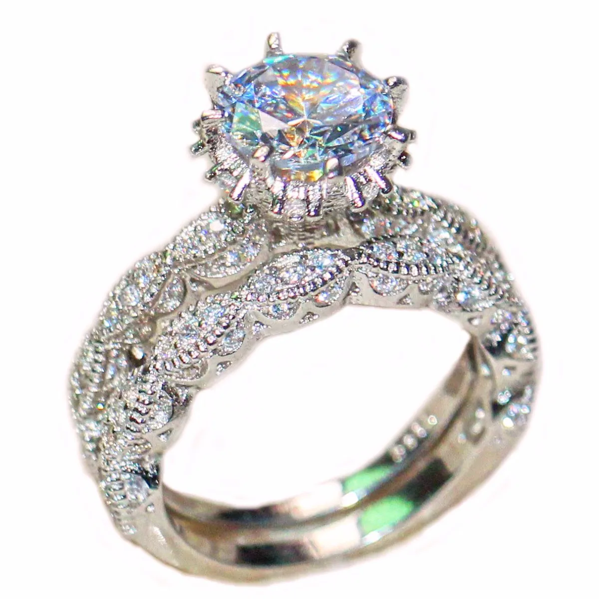 여자 패션 보석 S925 스털링 실버 꽃 흰색 다이아몬드 지르콘 보석 반지 약혼 웨딩 커플 밴드 반지 세트
