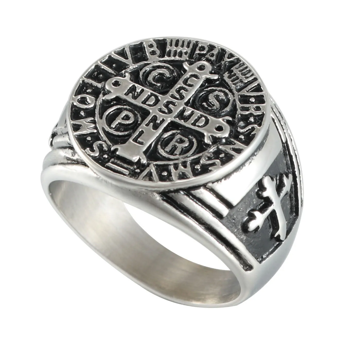 Stainless Steel Catholic St Benedict Exorcism Signet Religious Ring Demon Protection Ghost Hunter Cross Band