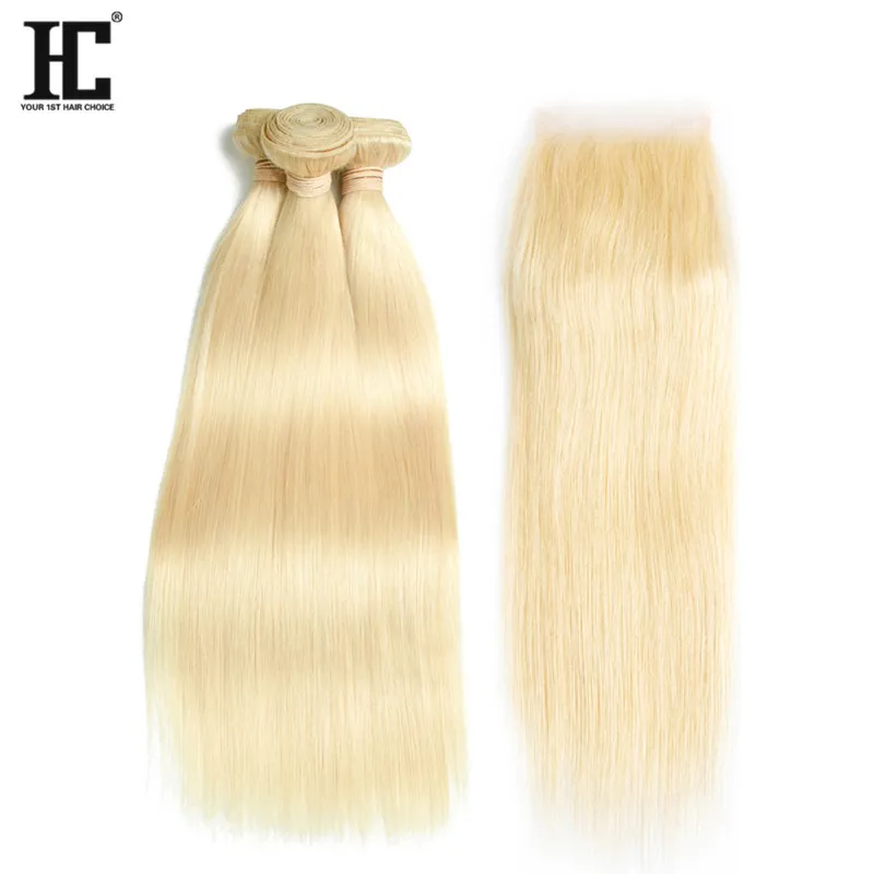 Top Selling # 613 Blond Ludzki Włosy Pakiet Koronki Zamknięcie 8A Norek Brazylijski Wiązki Włosów Z Zamknięciem 3 Wiązki Jedwabne Proste Peruwiańskie Włosy