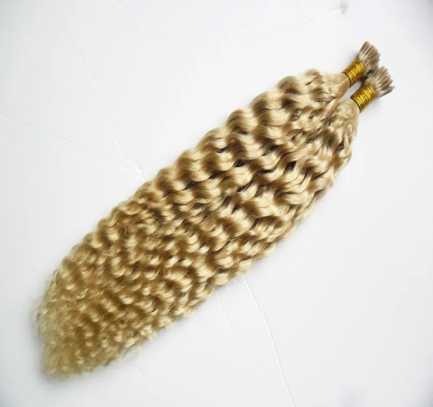 Malezyjski Kinky Curly Blonde Keratyn Rozszerzenie Włosów I Wskazówka 100G 1G / Strand Pre Bonded Włosy Kapsułki Keratyn Stick Tip Extensions