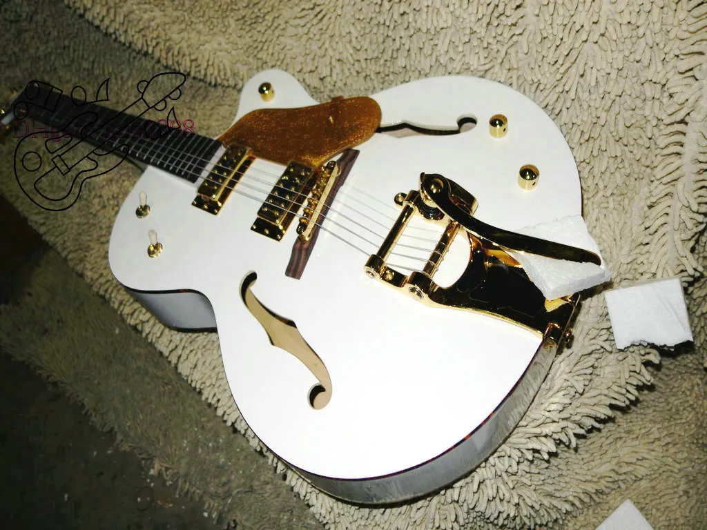 Beyaz G6136T Yarı Hollow Vücut F Delik Rüya Elektro gitar vibrato tailpiece altın ışıltı bağlama Thumbnail Kakma