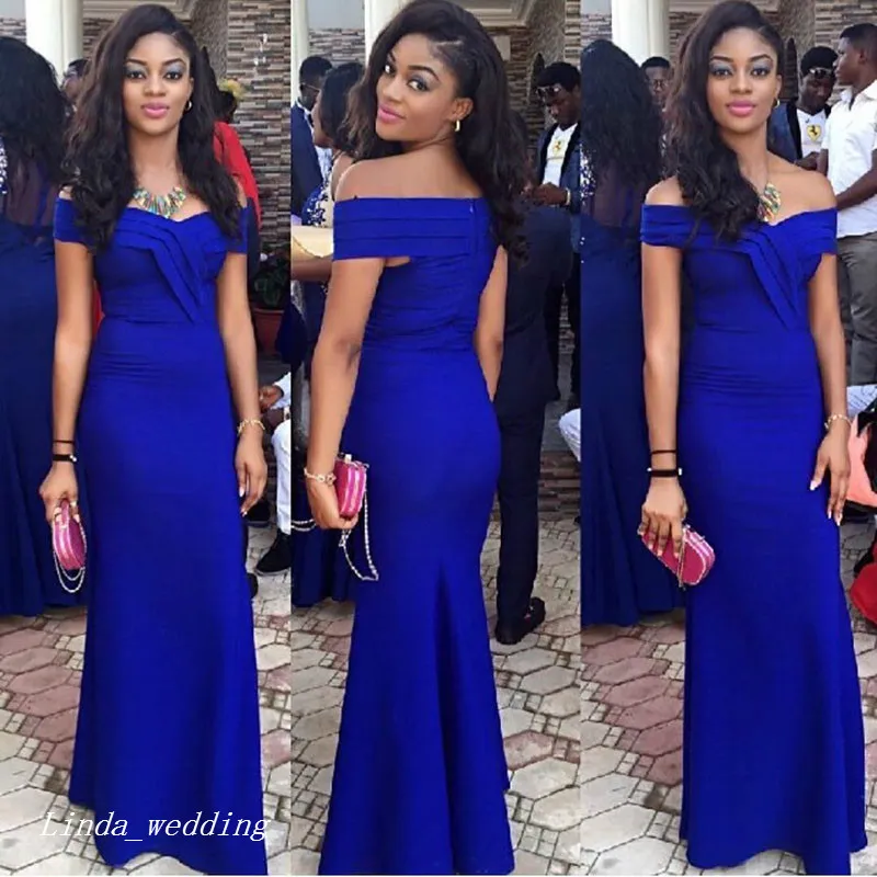 Royal Blue Mermaid Short Sleeve Evening Dress With Off Shoulder