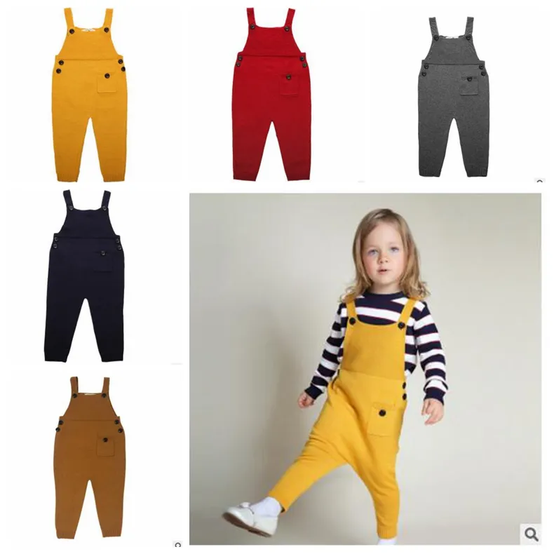 INS Barn Overells Stickade Suspender Byxor Barn Vår Knitwear Pocket Jumpuit Baby Fashion Long Pant Barn Europeisk stil Kläder J292