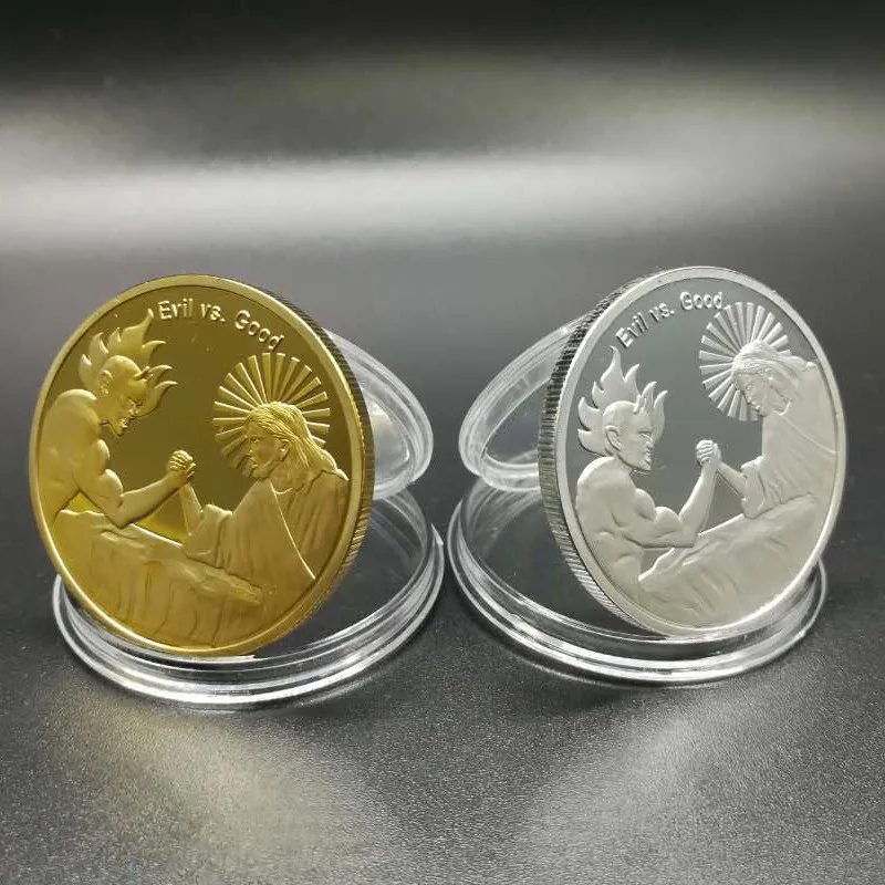   brand new in god we trust evil vs god religious Jesus 24k real gold silver plated souvenir badge coin 