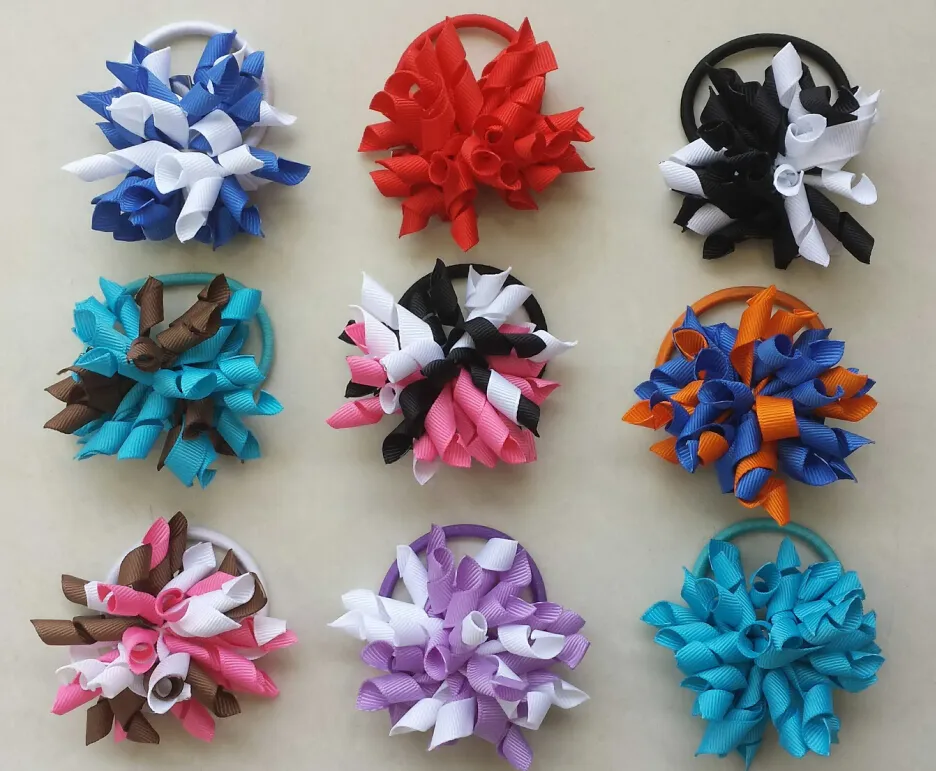 10pcs 2.5inç korker at kuyruğu saç bağları sahipleri flama kuyruklu yalan saç yay klip Cheer Yaylar Kıvırcık Şerit Bow saç bobbles PD007