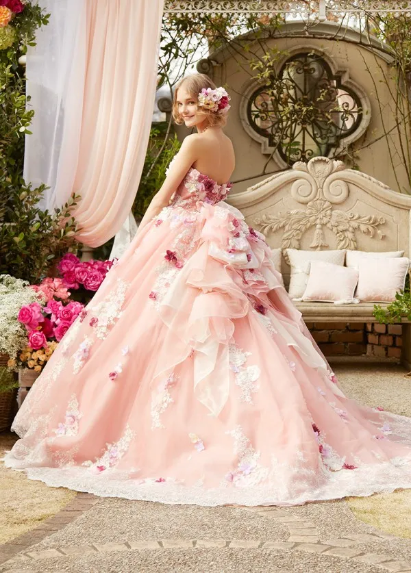 Suknia Ball Quinceanera Suknie 2019 Blush Pink Sexy Bez Ramiączek Koronki 3D Kwiatowe Aplikacje Słodkie 16 Suknie Formalne Specjalne Obsycha