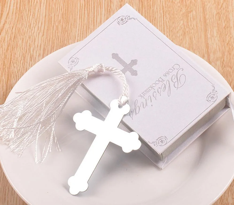 20 stks Silver Rvs White Tassel Cross Bookmark for Wedding Baby Shower Party Birthday Favor Gift Souvenirs
