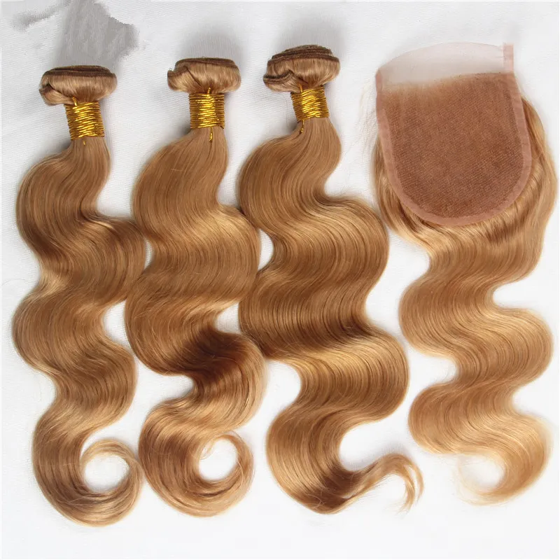 Braziliaanse Honing Blonde Body Wave Haar Weefsels met Kantsluiting 27 Aardbei Blonde Menselijk Haarbundels met Three Middle 3 Deel Bovenste sluiting