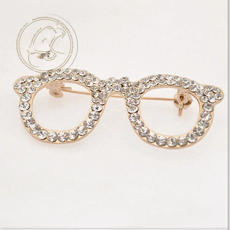Broche de strass bonito e elegante, porta-óculos, design de joias, broche feito à mão, broches banhados a ouro atacado para mulheres