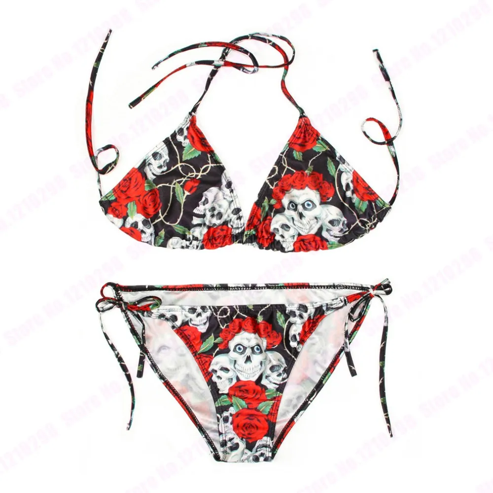 Set bikini con teschio con stampa 3D Fiore colorato Bacio con teschio Costumi da bagno a due pezzi Dita con teschio Costumi da bagno con fasciatura da donna economici