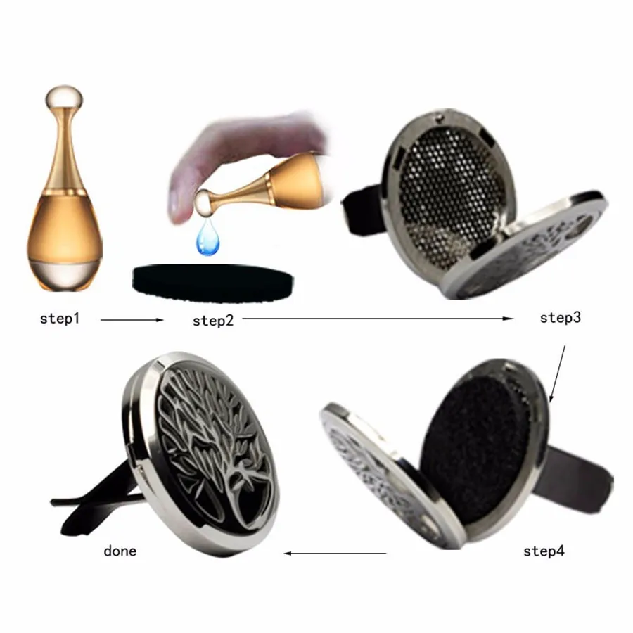 CG061-CG070 Nowy Samochodowy Odświeżacz powietrza 30mm Aromaterapia Essential Oil S.Steel Wisiorek Perfumy Dyfuzor samochodowy Locket Vent Clip z 5 sztuk Filc Pads