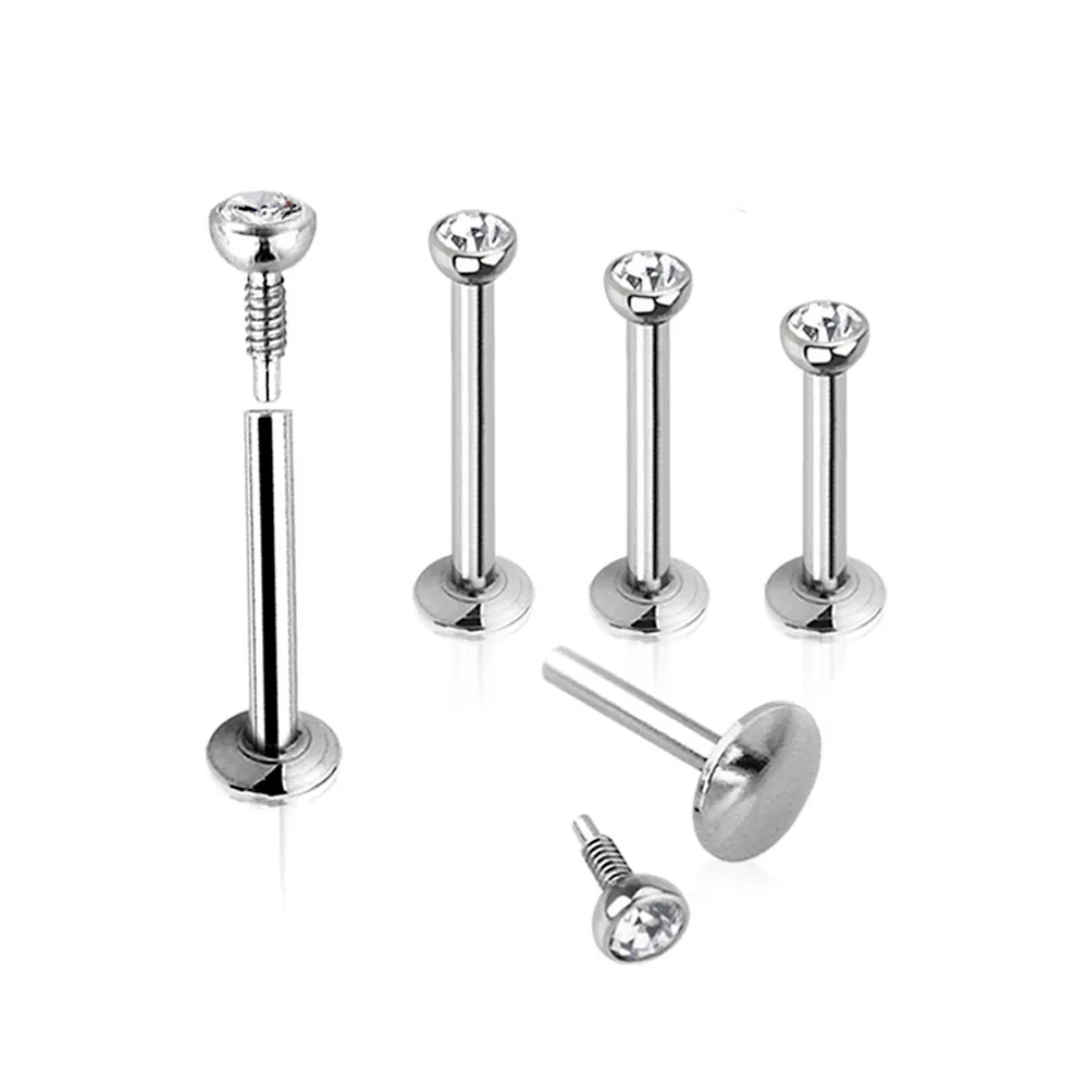 Punk Trendy srebrny 16 Gauge pierścienie na wargi stal chirurgiczna Labret Piercing Bar kolczyki do uszu diamenty kryształowy kolczyk w nosie brwi Body Piercing biżuteria