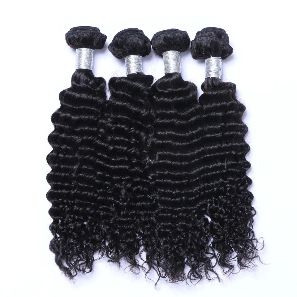 Brazilian Deep Wave Curly Hair 3 Bundles with Closure Free Middle 3 Part Double Weft Human Hair Extensions Dyeable Human Hair Weave