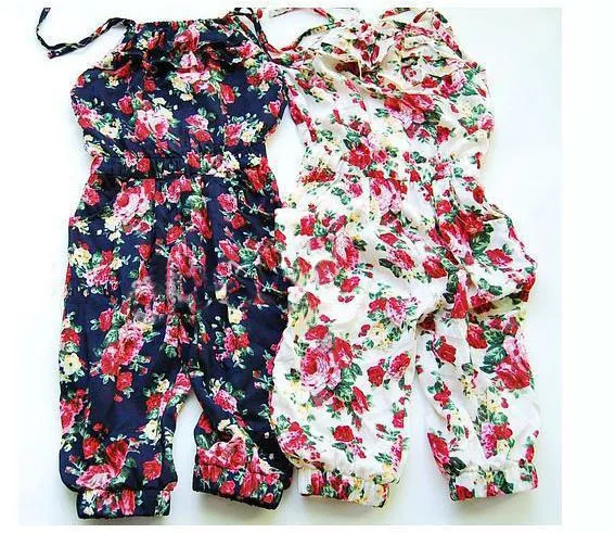 Spodnie dziewczęta 100% bawełniane bliźniaczki spodnie ubrania dla dzieci dziewczyny kombinezon odzież dla dzieci kwiat wydrukować lato strój dzieci spodnie zawieszone