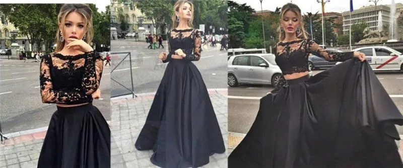 2019 Black Lace Top Two Pieces Prom Party Dresses With Long Hleeves Sexig Sheer golvlängd Kvällsklänningar Billiga formella 2267510
