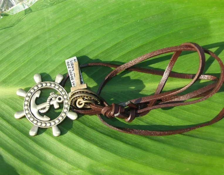 Antik Silber Anker Ruder Anhänger Halskette Bronze Messing Kreuz Charm Halskette für Männer Echtes Leder Kette Vintage Schmuck