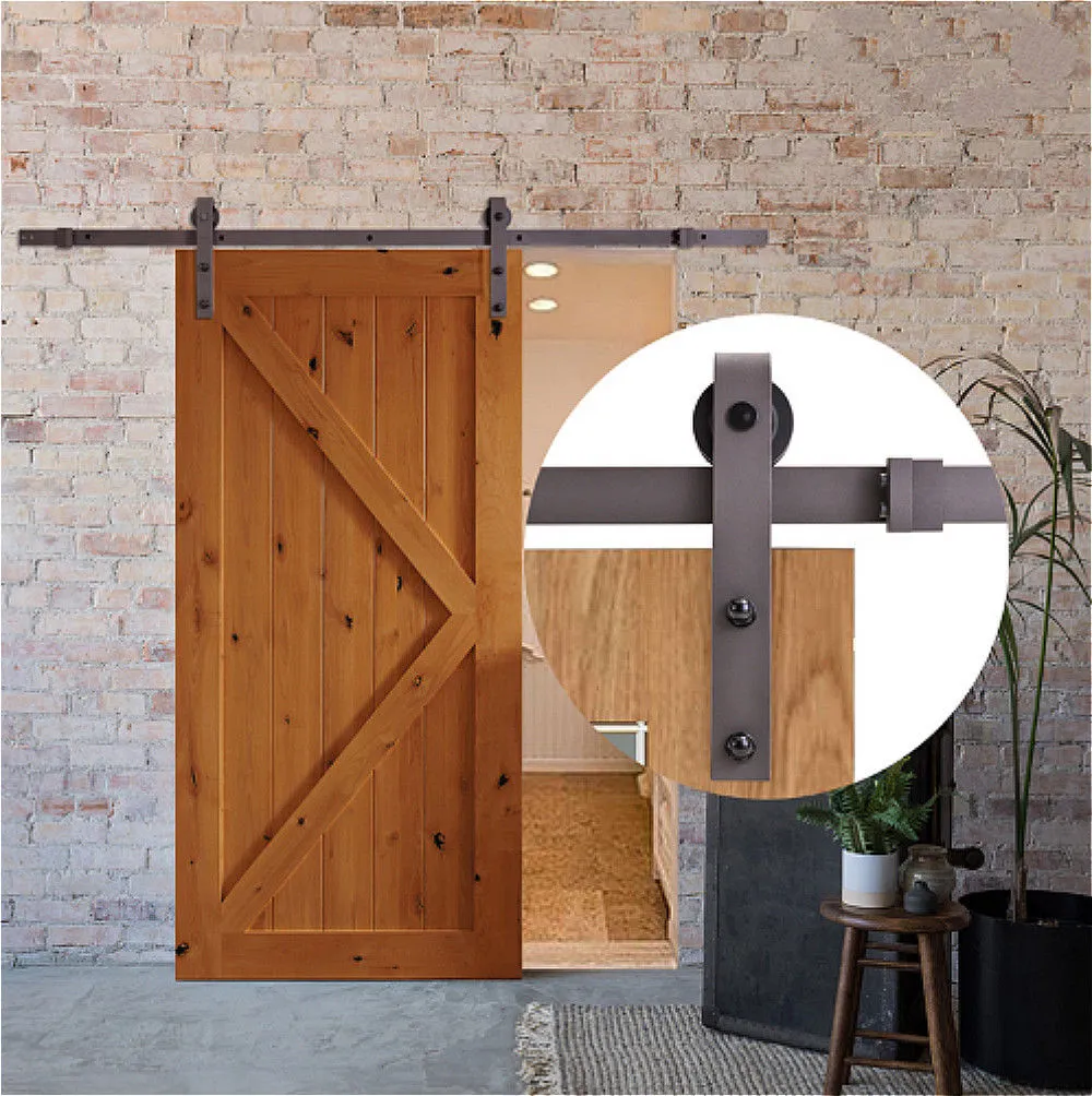 (Spedizione gratuita USA) 4ft /5ft/6ft/6.6ft /8ft Nero Rustico Acciaio Scorrevole Fienile Porta In Legno Hardware Scorrevole Fienile Pista Kit