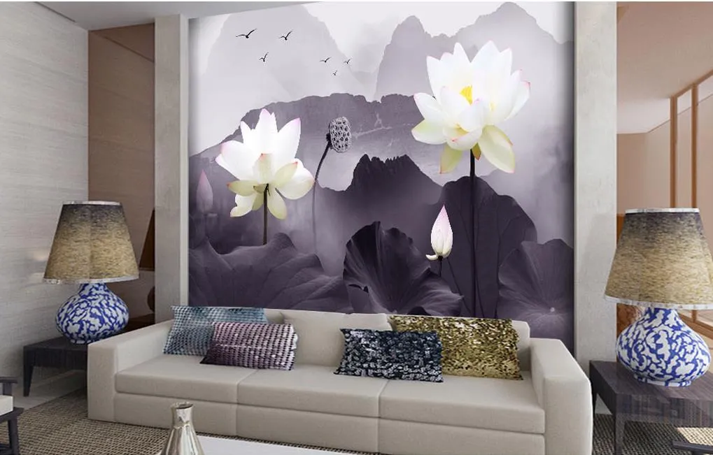 Black and white abstract mountain lotus mood TV background wall mural 3d wallpaper 3d wall papers for tv backdrop