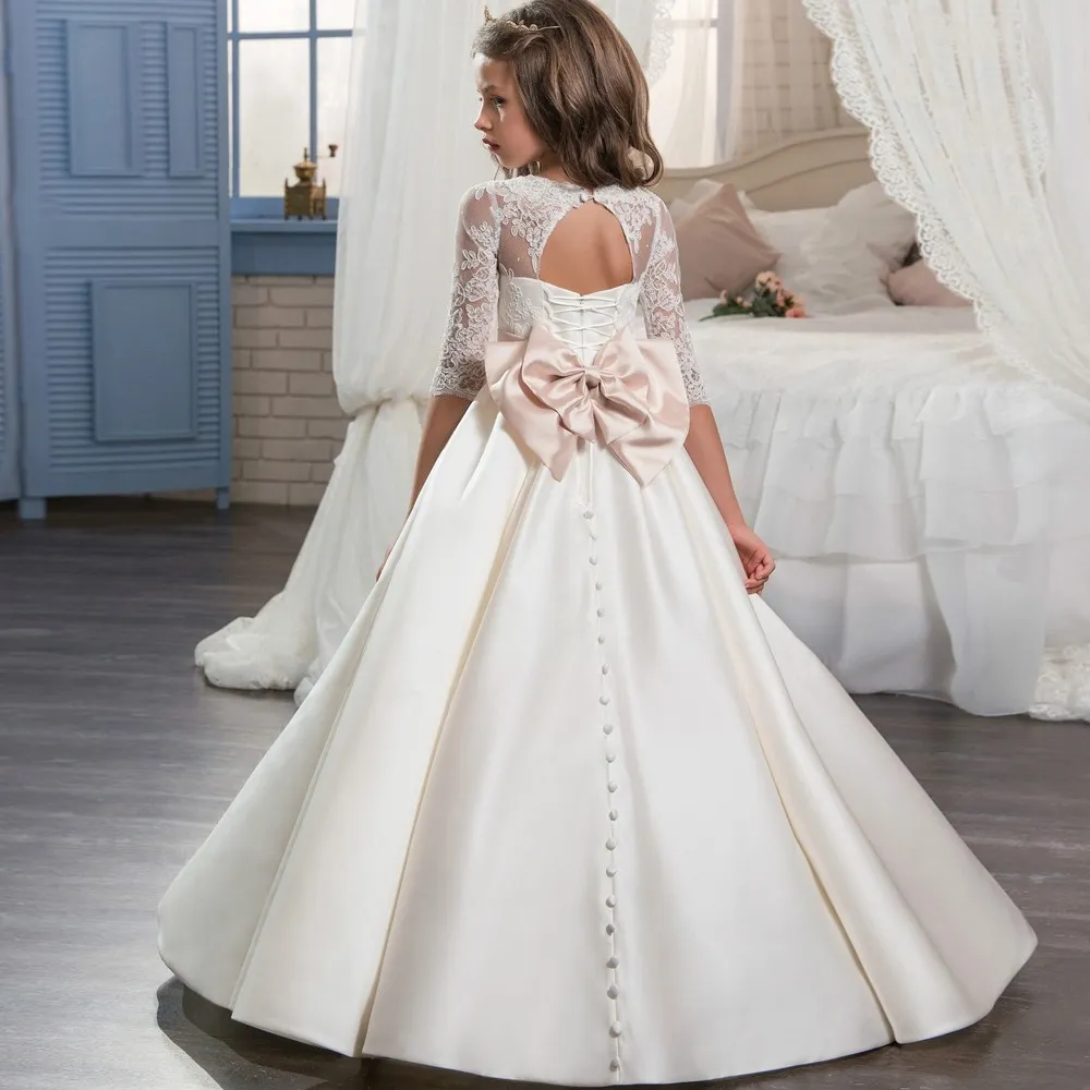 Elegantes Erstkommunion-Festzugkleid aus Spitze mit Perlen für Mädchen mit Ärmeln, Kinder-Abschlusskleid