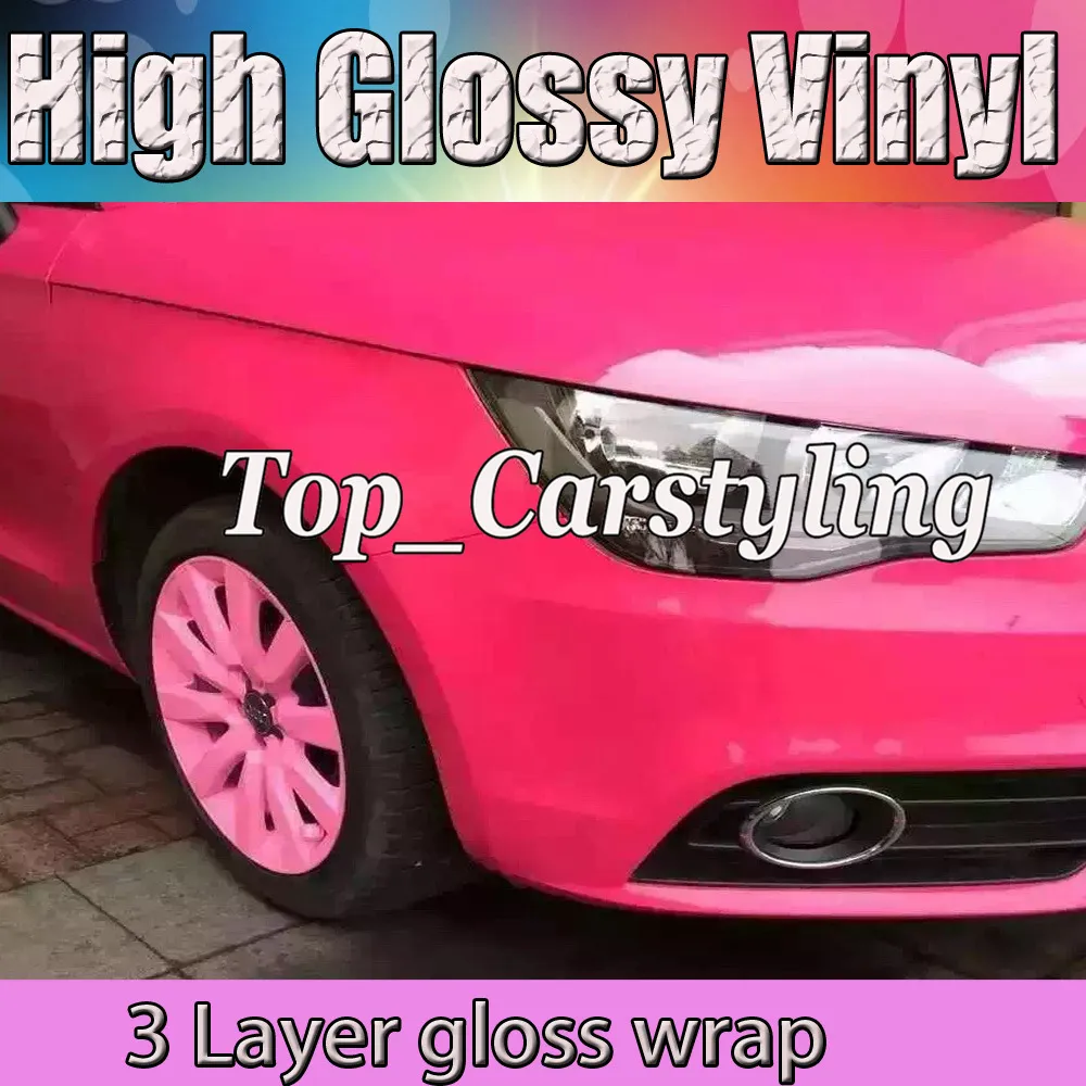 Films brillants d'enveloppe de voiture d'autocollant de vinyle rouge Rose à haute brillance avec 3 couches sans bulles pour les bâches de voiture taille: 1.52x20 m/roll