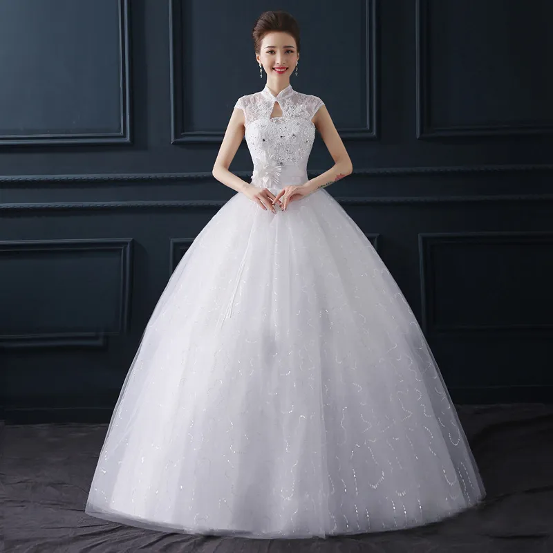 Nouvelles robes de mariée robe de bal robes de mariée formelles avec fleur mancherons glamour col haut trou de serrure robes De Novia robe de mariée