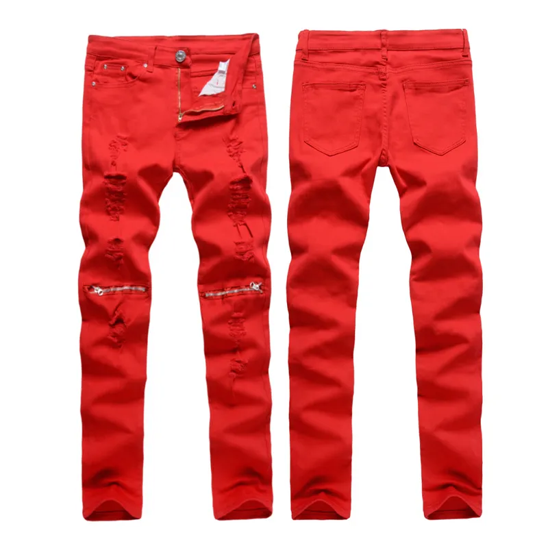 Commercio all'ingrosso - uomini buco jeans speciale biker rosso moda cerniera design pantaloni matita pantaloni strappati jeans jeans denim night club casual sottile magro